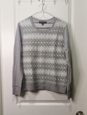 Brooks Brothers Gray and White Geometric Crewneck Sweater Merino Wool